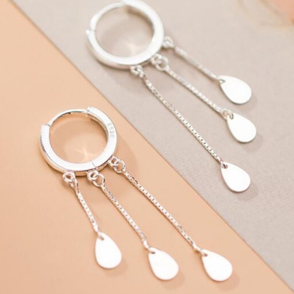 NEW 925 STERLING SILVER CHAIN DROP HOOP EARRINGS - Picture 2 of 6